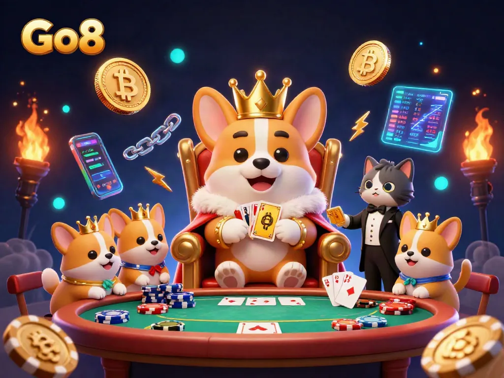 Go8 casino corgi sitting on a poker chip throne, surrounded by vibrant gaming elements and cryptocurrencies.