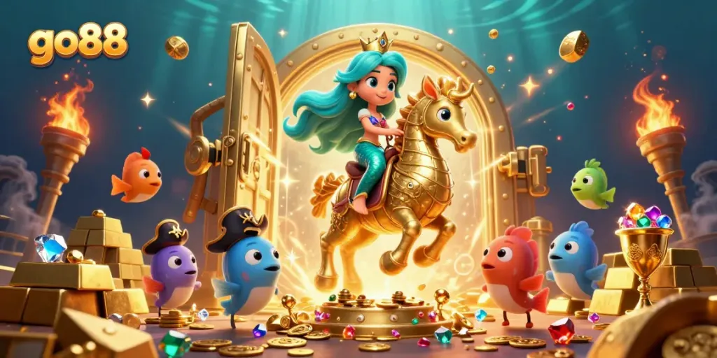 Experience the excitement of winning with go88 in this vibrant underwater casino scene featuring a mermaid and treasures.