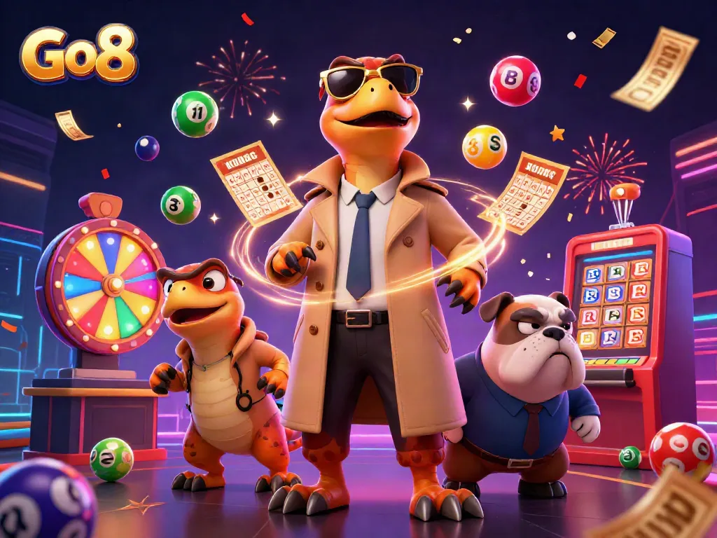 Go8 illustration with three raptors in a trench coat attempting VIP casino entry amid colorful gaming elements.