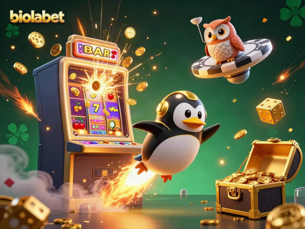 Experience excitement at biolabet with a thrilling rocket-powered penguin in a vibrant casino space scene.