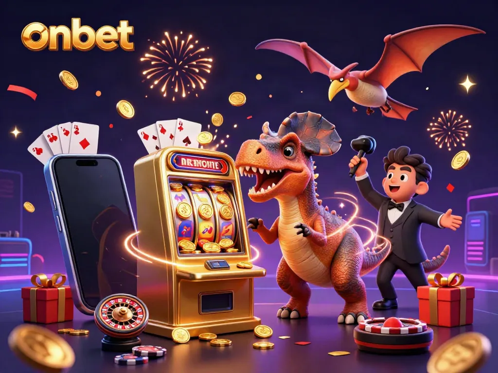 onbet celebrates jackpot wins with a dinosaur headbutting a slot machine amid flying coins and confetti.