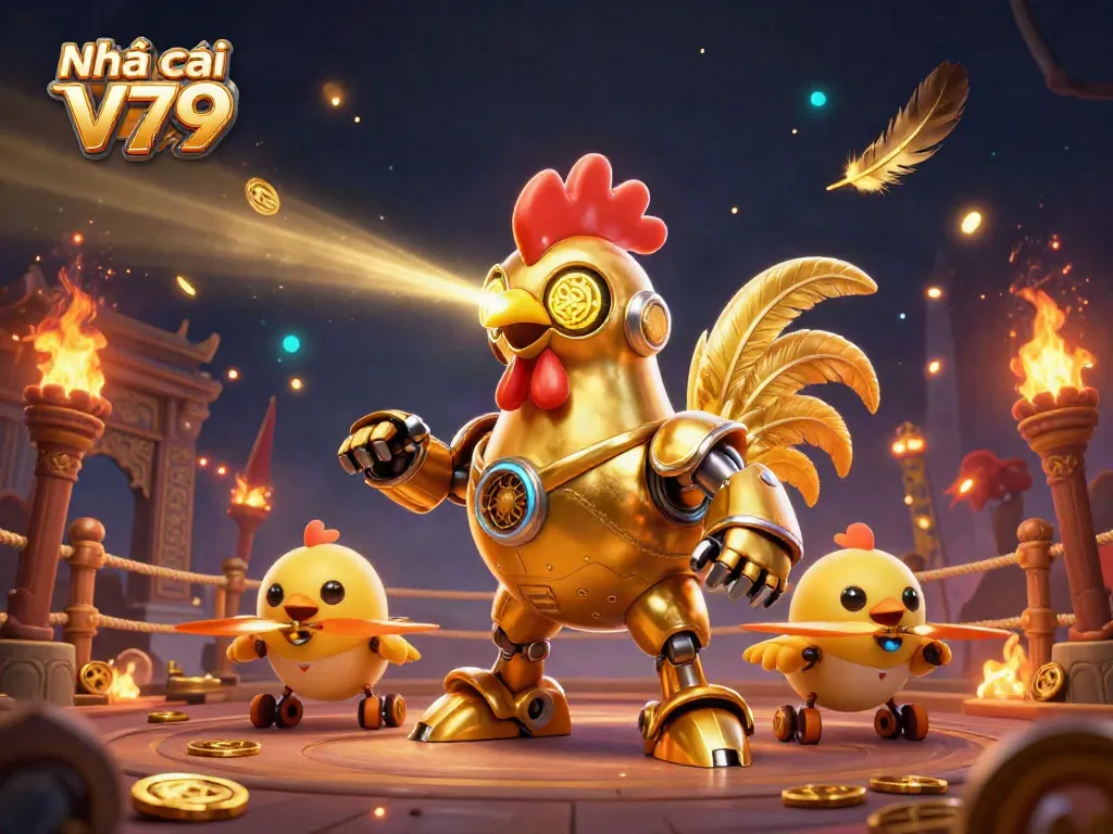 Nhà cái V79 với hình ảnh robot gà ngọc vàng trong không gian game trực tuyến sống động