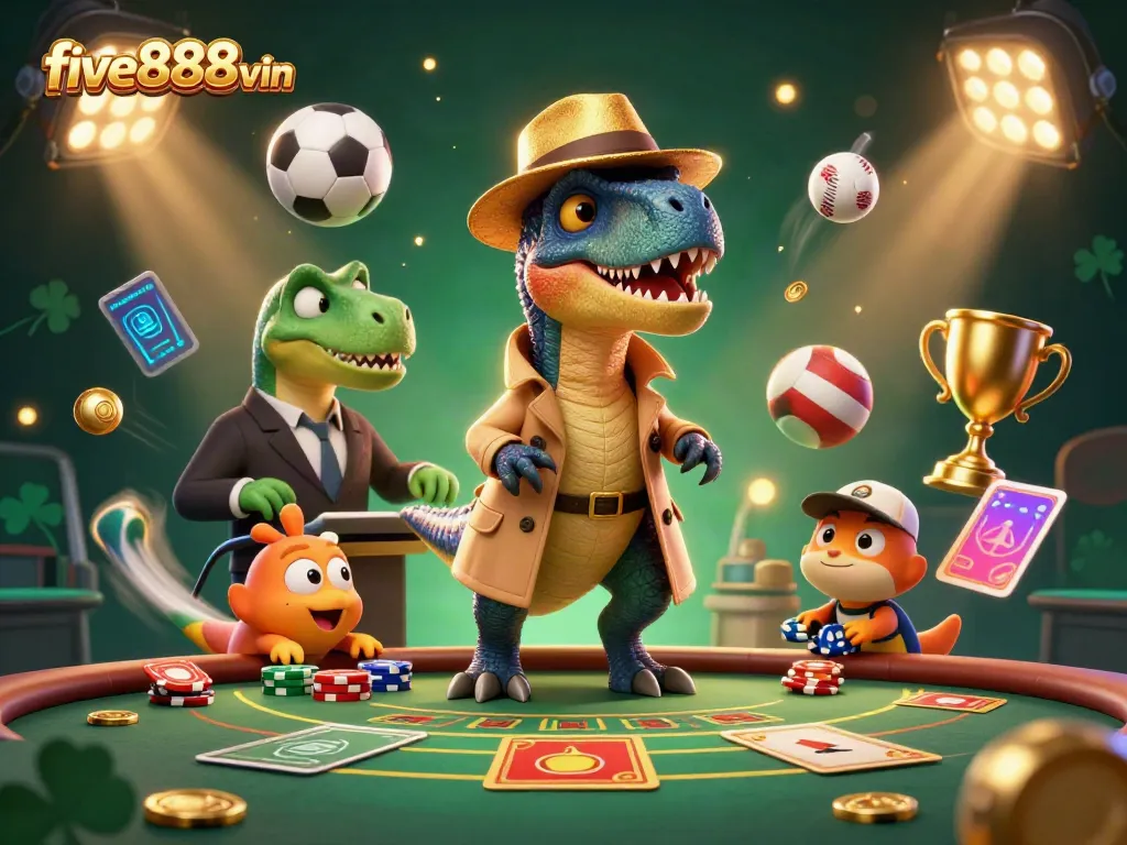 Experience the thrill at five888vin, featuring lively characters at a dynamic blackjack table.