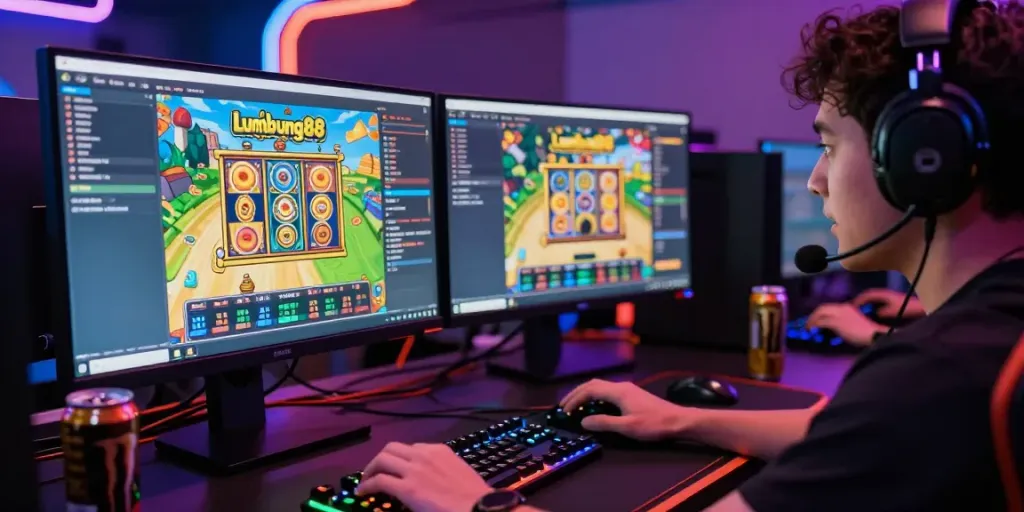 Lumbung88 online gaming scene with player focused on colorful slot game interface and illuminated keyboard.