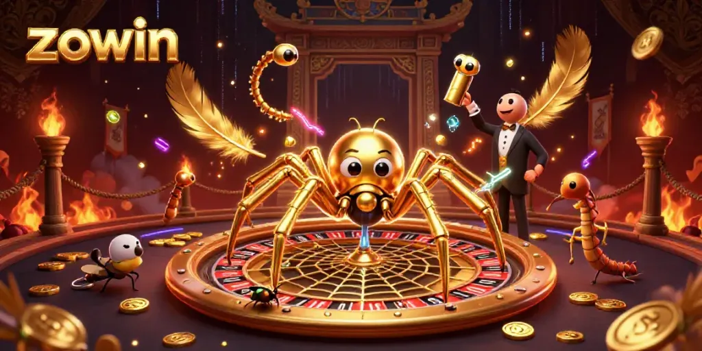 Engage with the thrilling zowin gaming experience featuring a spider spinning a roulette wheel.