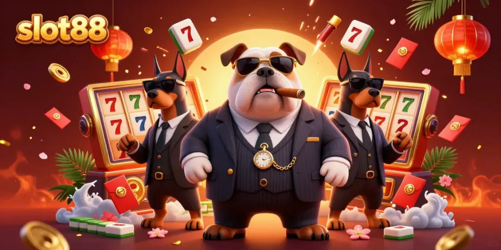 Slot88 memperlihatkan karakter bulldog mafia dengan pengawal Doberman di latar belakang kaya elemen kasino dan perayaan.