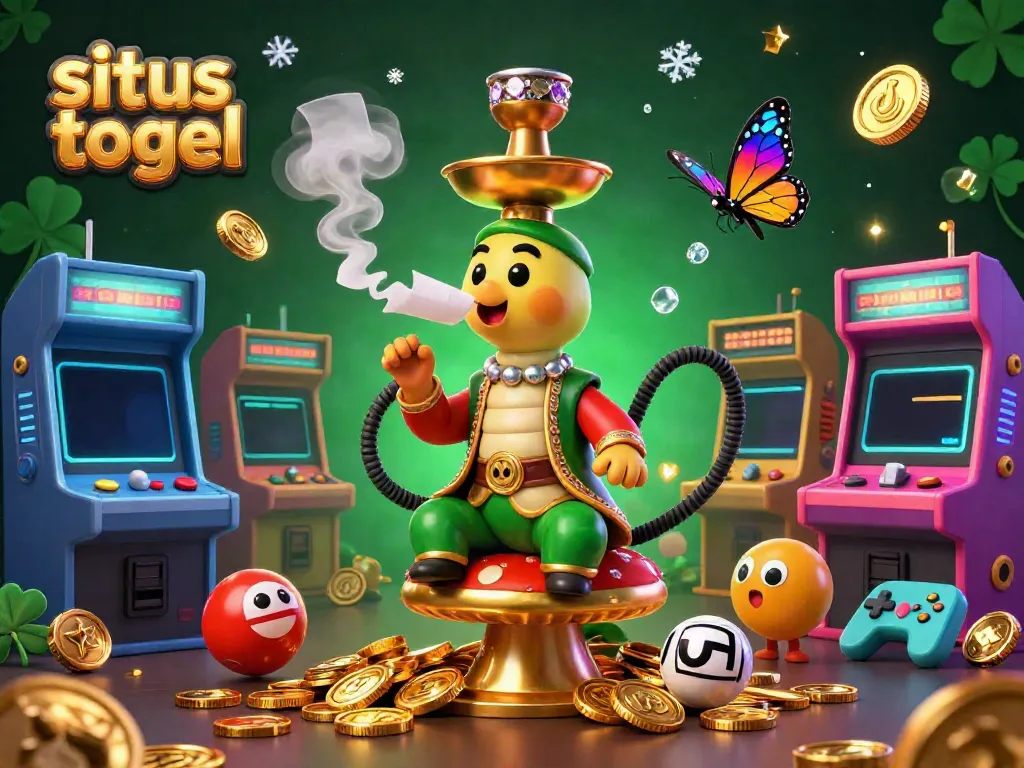 Ikon situs togel yang menarik dengan karakter unik dan elemen permainan menarik di sekitarnya.
