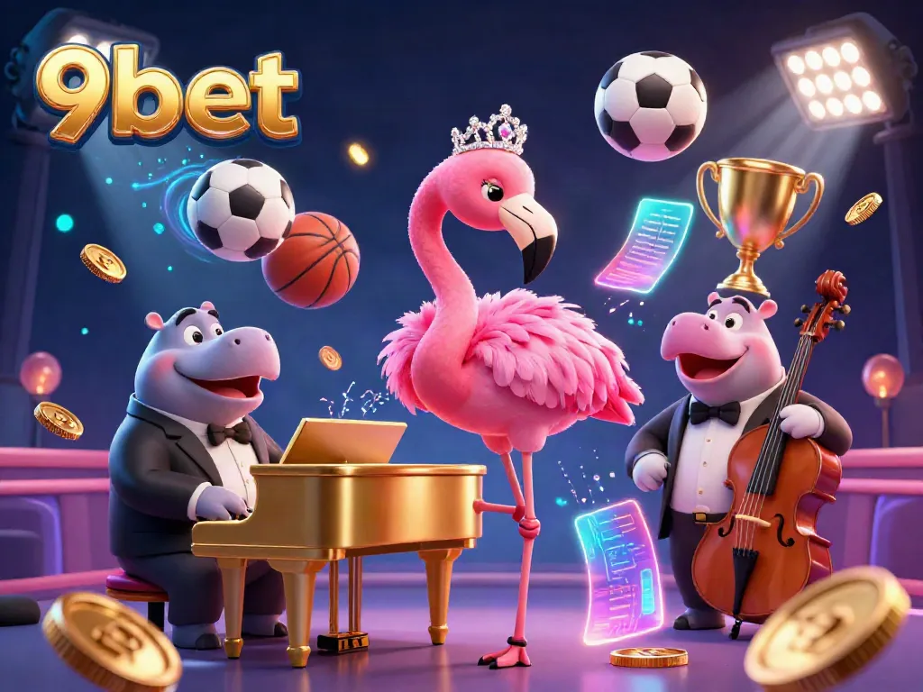 Experience thrilling gaming with 9bet in this vibrant casino scene featuring cartoon characters and dynamic sports elements.