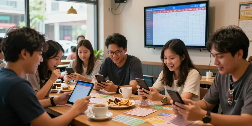 Lottery enthusiasts checking togel 4d results in a lively café setting.