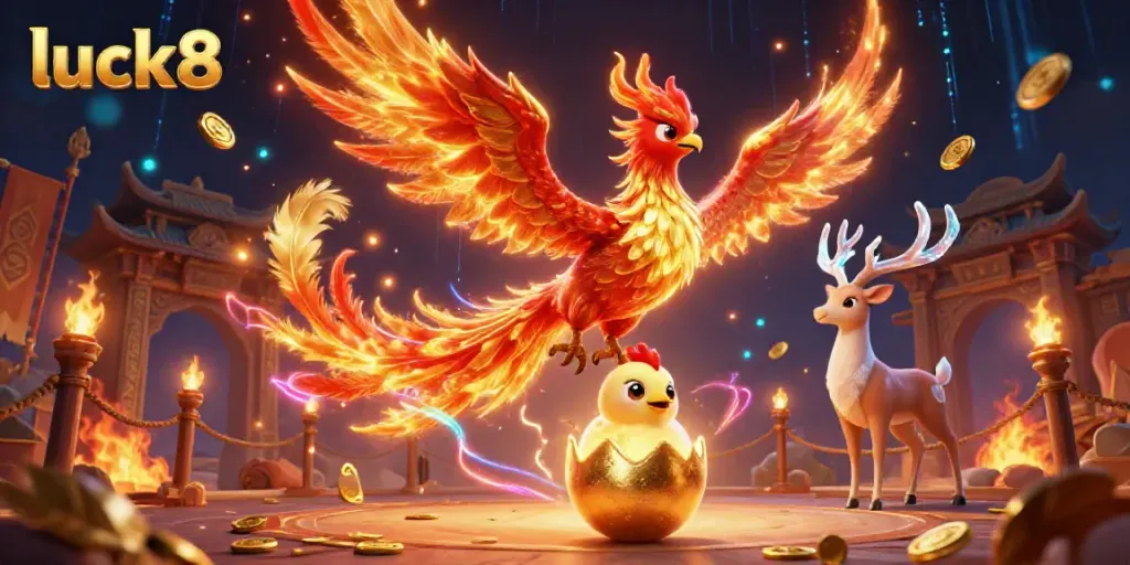Experience exhilarating gameplay at luck8 with a stunning phoenix scene in an online casino setting.