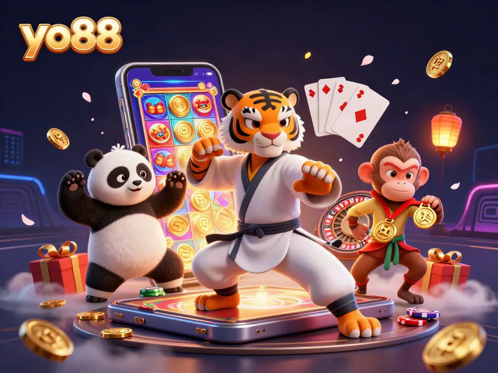 Win big with yo88: a playful 3D scene of panda and tiger masters amidst slot games