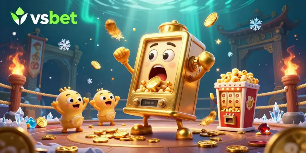Celebrate your wins at vsbet with a 3D cartoon slot machine hitting the jackpot amidst golden coins.