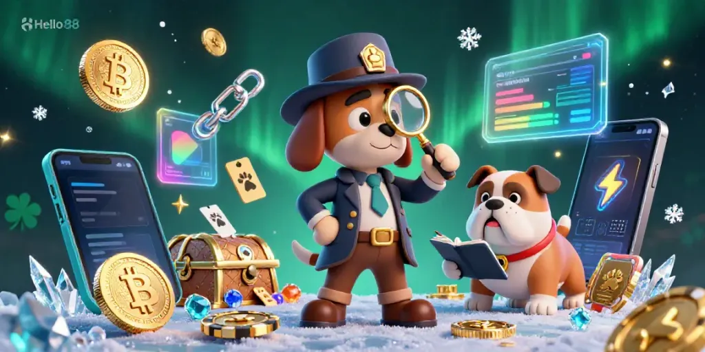 Engage with Hello88's thrilling casino adventure featuring a detective and explosive treasure, with vibrant crypto elements.