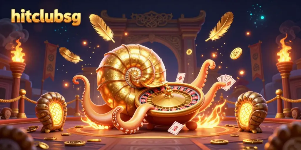 Engage with hitclubsg in an immersive 3D casino scene featuring a giant nautilus roulette wheel and cards.