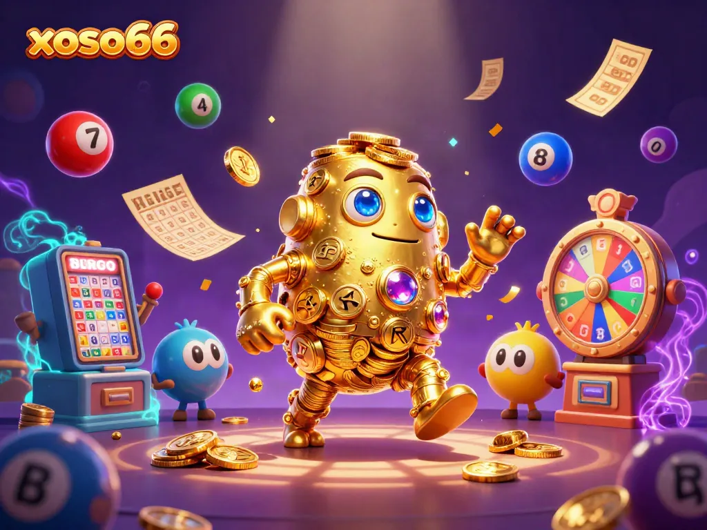 Engage in exciting activities at xoso66 with a golden golem surrounded by lottery elements and vibrant prizes.