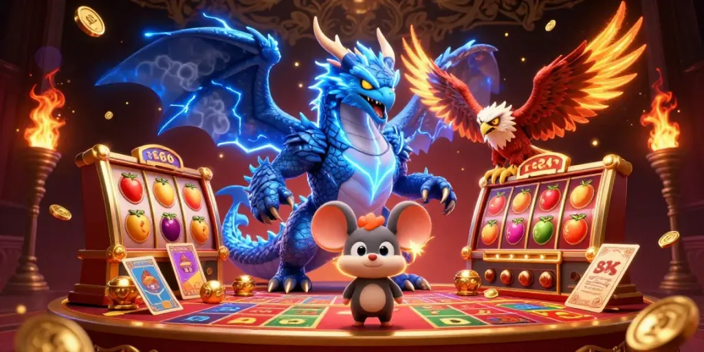 Engage with r666's thrilling casino adventure featuring dynamic dragons, gaming elements, and vibrant visuals.