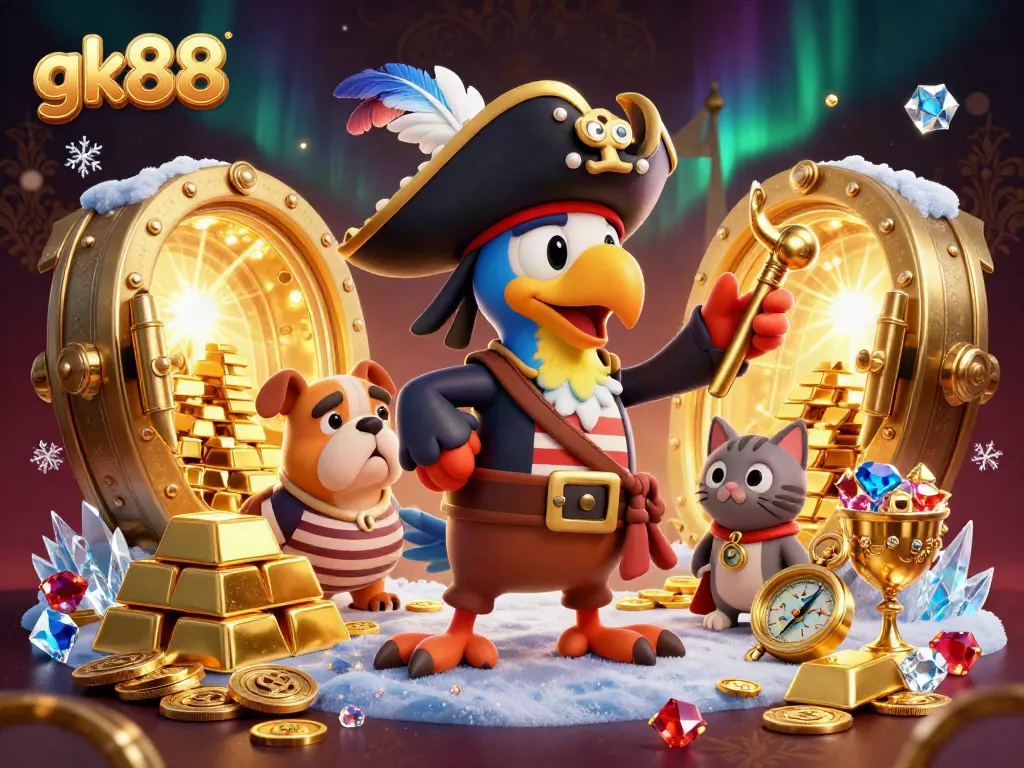 Experience the thrill of gk88 as a pirate captain oversees treasure gains in this vibrant casino illustration.