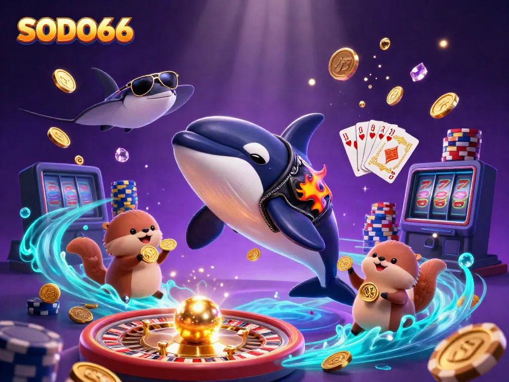 Experience thrilling moments with SODO66 casino characters including lucky sea otters and a biker orca.