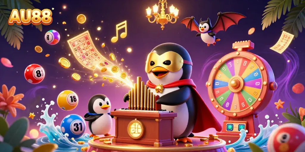 Experience the excitement of AU88 with a whimsical 3D casino-themed illustration showcasing vibrant gaming elements.