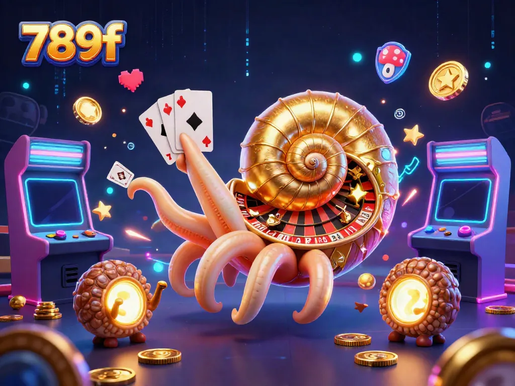 Engage with 789f's vibrant casino world featuring a giant nautilus roulette and glowing ammonite companions.