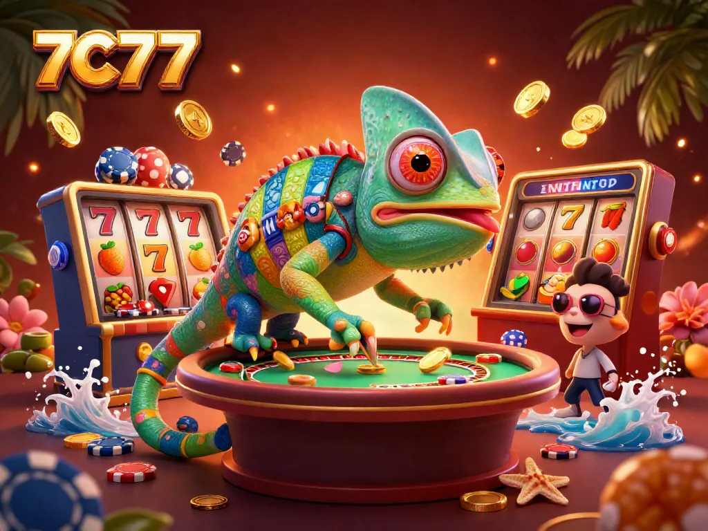 Engage with 7C77's vibrant casino scene featuring a lively chameleon and dynamic slot reels.