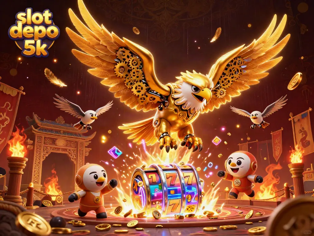 Experience thrilling action on slot depo 5k with dynamic golden eagle amidst colorful slot reels.