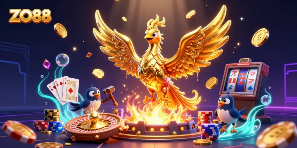 Experience thrilling gaming moments with ZO88 as molten metal phoenix transforms into coins.