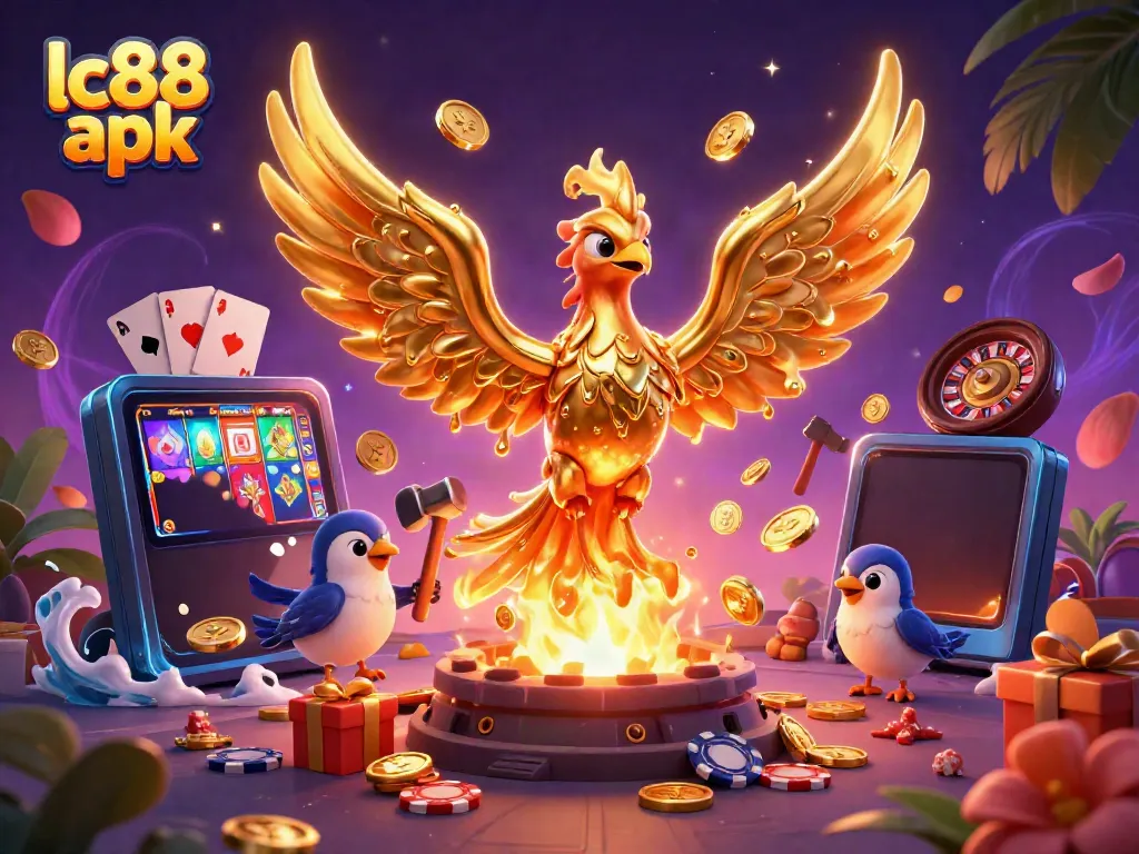 Experience winning strategies with the lc88 apk in a visually dynamic online casino scene featuring a golden phoenix.