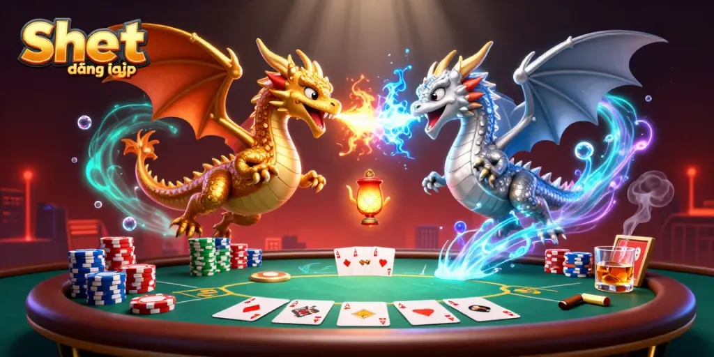 Experience the thrill of Shbet đăng nhập with dynamic dragons, poker elements, and vibrant colors.