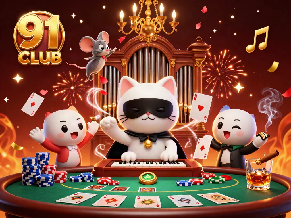 Engage in thrilling moments at 91 CLUB with the vibrant casino scene featuring colorful poker elements.