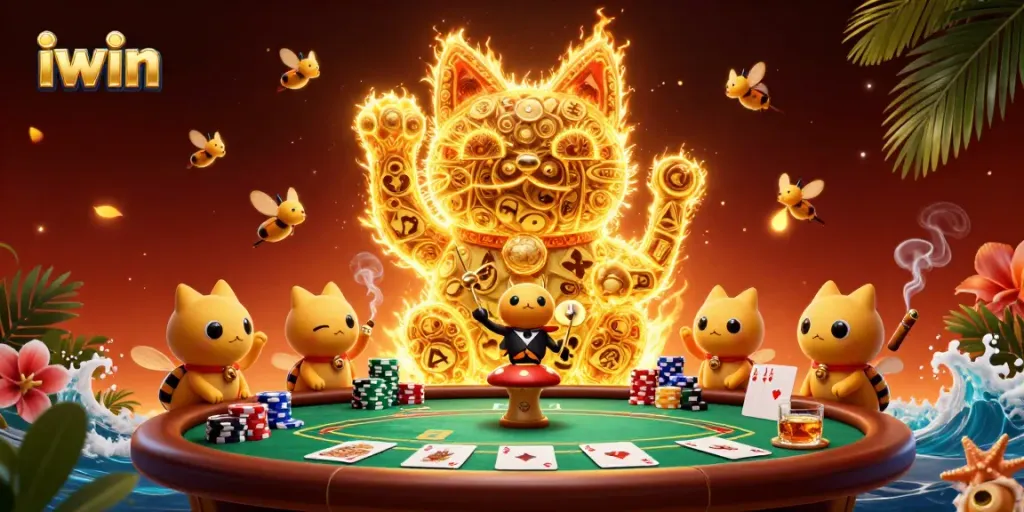 iwin's vibrant 3D golden firefly lucky cat symbolizing casino excitement amidst poker elements