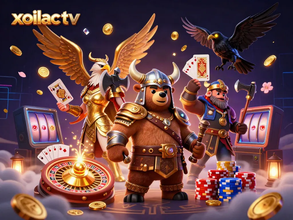 Xoilac TV showcases exciting casino gaming with bears, Valkyries, and golden rewards.