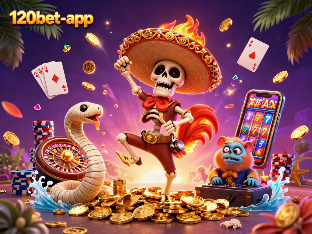 Join the excitement at 120bet-app with festive gaming characters and dazzling casino elements.