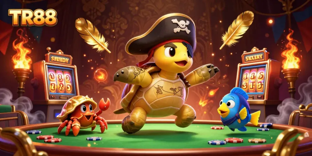 Experience the excitement of TR88 with a vibrant 3D illustration featuring casino elements and underwater characters.