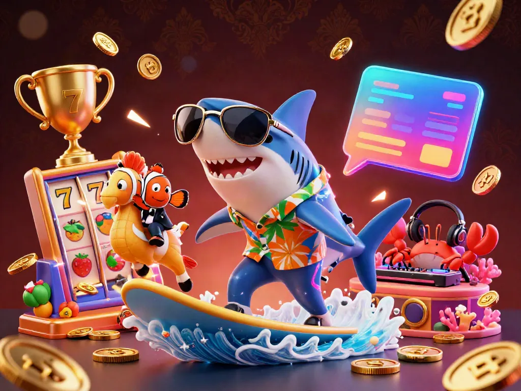 Experience a vibrant go88 casino scene with a swimming shark and colorful slots.