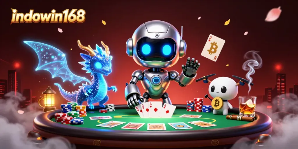Engage with indowin168-themed poker excitement in a vibrant 3D cyberpunk casino scene.