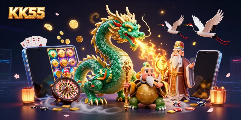 Engage in thrilling games at KK55 with a dragon, sage, and cranes amidst vibrant casino elements.