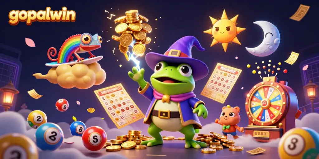 Engage in thrilling casino action with gopalwin, featuring a frog wizard generating golden coins amidst vibrant game elements.