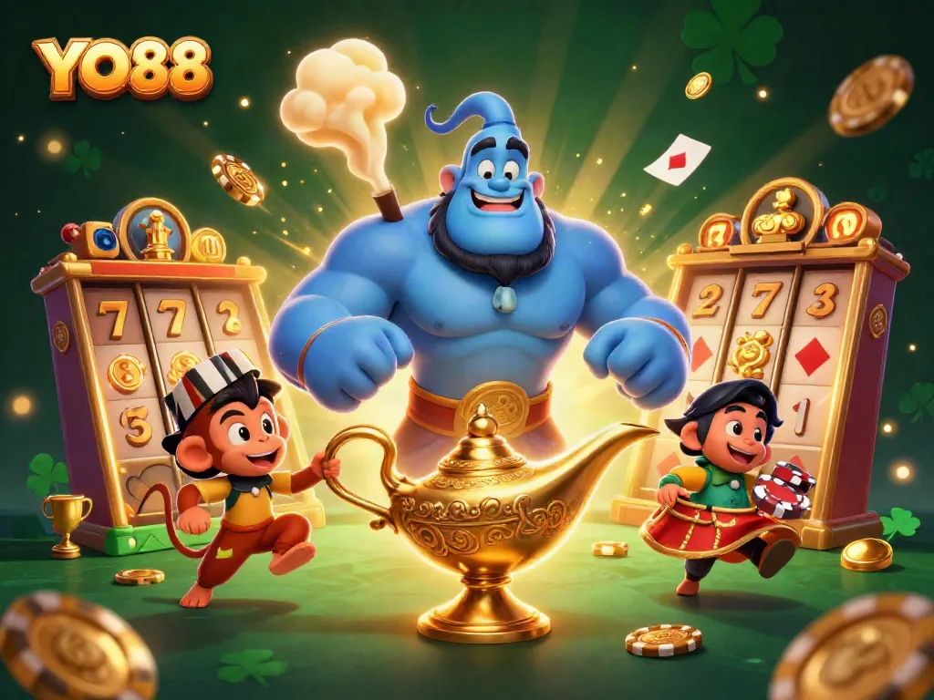 Engage in YO88’s thrilling gaming adventure with a vibrant scene of a genie and poker chips.