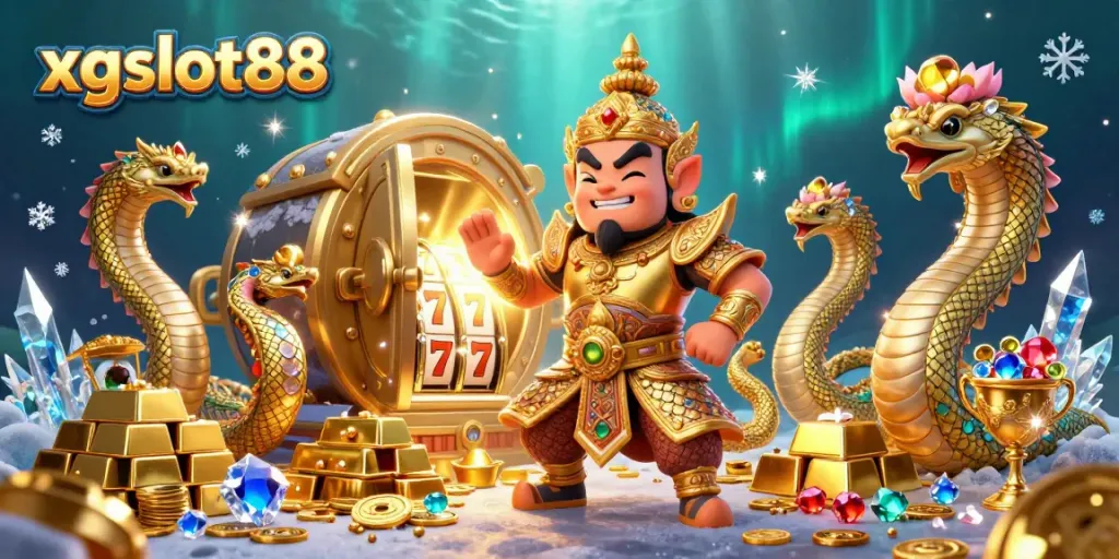 Ilustrasi 3D xgslot88 yang menampilkan penjaga kuil Thai dengan naga dan elemen mesin slot.