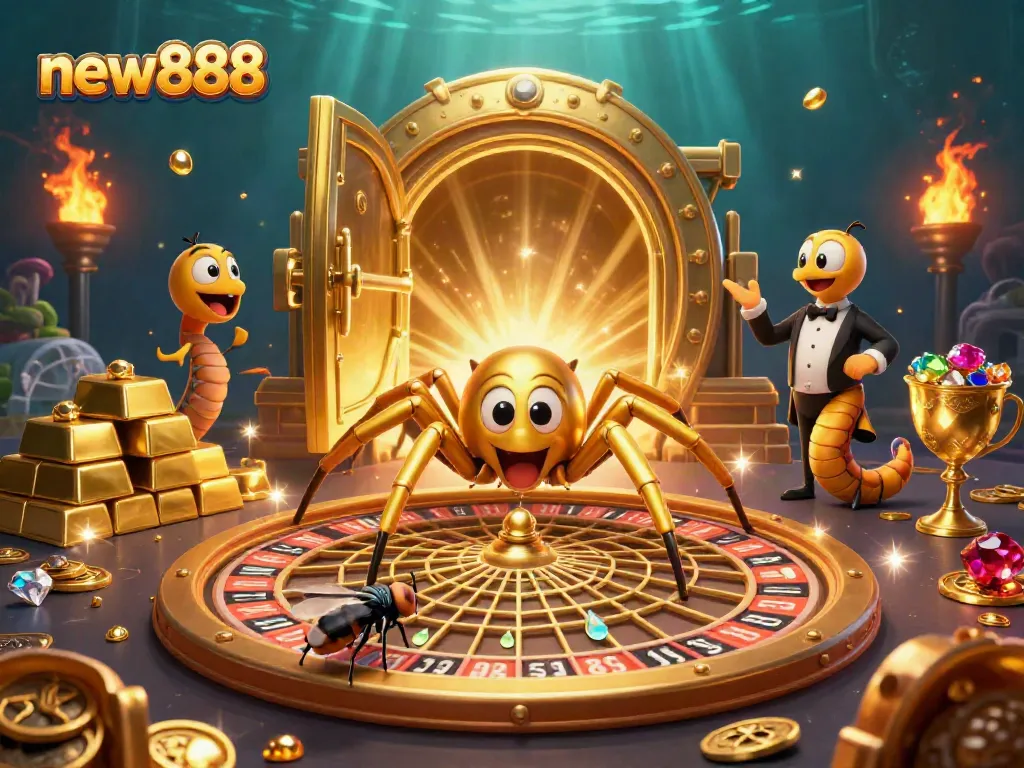 Engage with new888 at this vibrant 3D casino scene featuring a golden roulette wheel and charming characters.