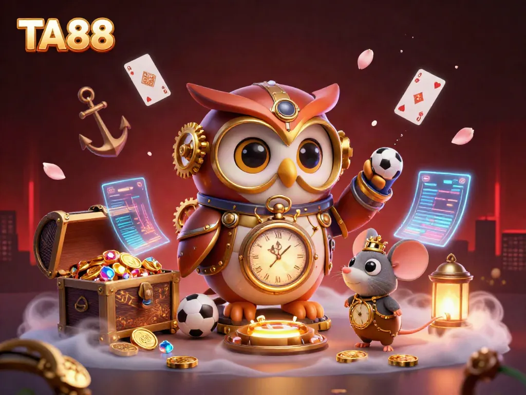Engage with TA88's vibrant steampunk-themed casino scene, featuring a unique time-traveler owl and sports betting elements.