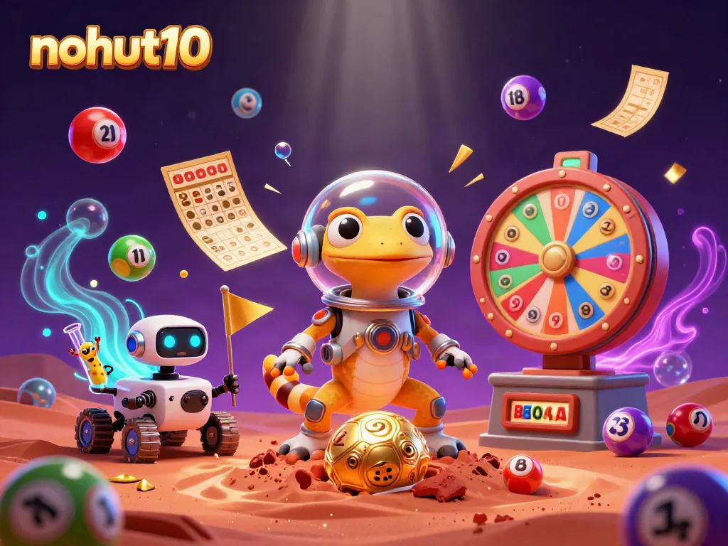 Engage in thrilling gaming adventures with nohut10 at a vibrant, imaginative casino scene.
