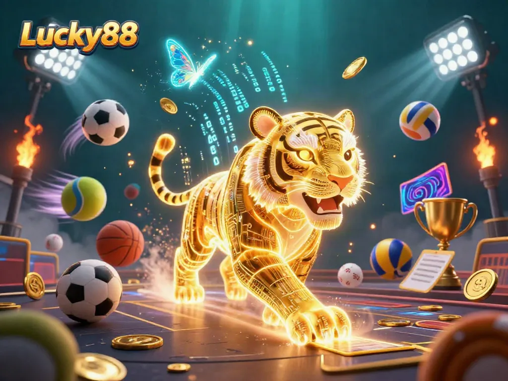 Experience thrilling gameplay with Lucky88 in this dynamic 3D casino scene featuring vibrant elements and energetic characters.