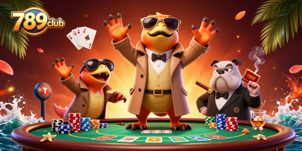 Experience 789club's excitement with raptors in a trench coat entering a VIP casino lounge.