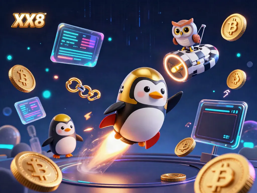 Experience the excitement of XX8 with our vibrant casino illustration featuring a penguin in space.