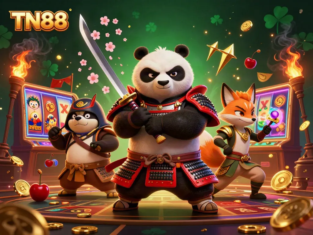 Engage with TN88 in an exciting casino scene featuring a samurai panda and ninja fox.