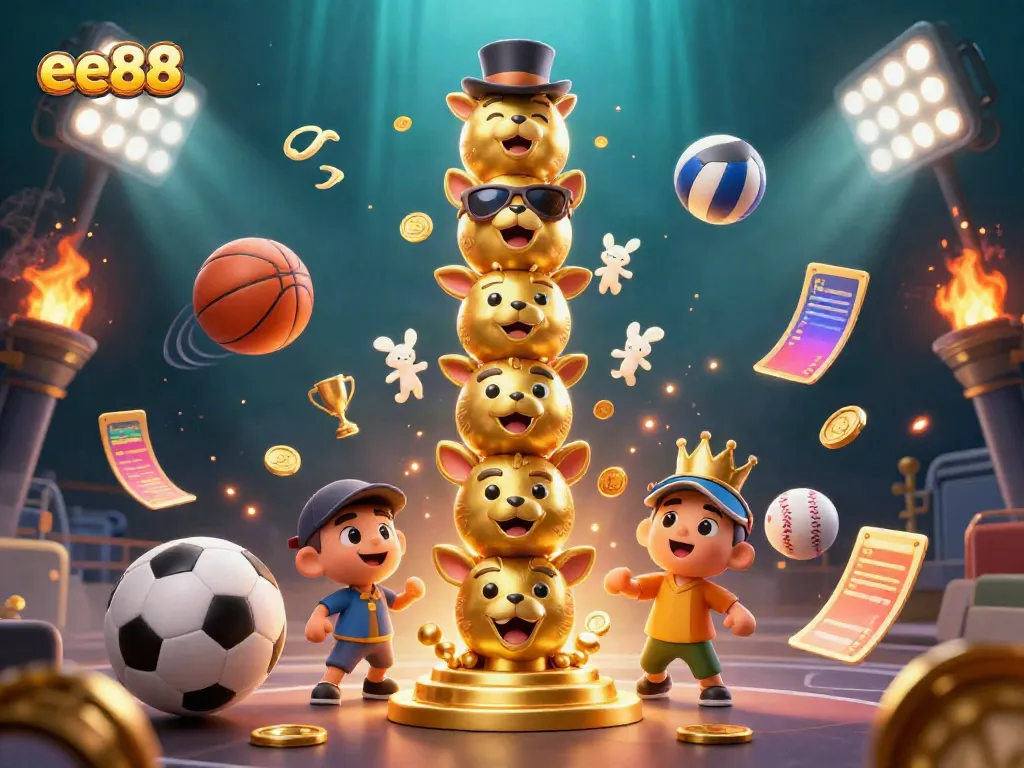 Experience the thrilling atmosphere of ee88 with golden totem, sports elements, and vibrant colors.