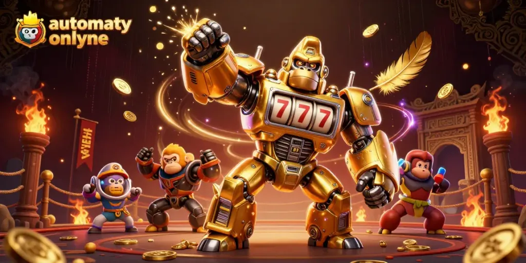 Experience the excitement of automaty kasyno online with a golden mech and thrilling slot machine elements.