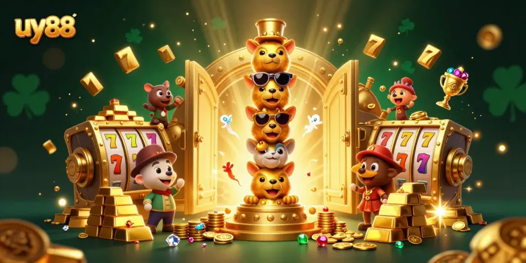Experience excitement with uy88's vibrant 3D casino scene featuring animated totem poles and sparkling treasures.